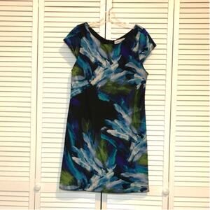 Jessica Howard Blue Green Abstract Floral Boat Neck Cap Sleeve Shift Dress 14P